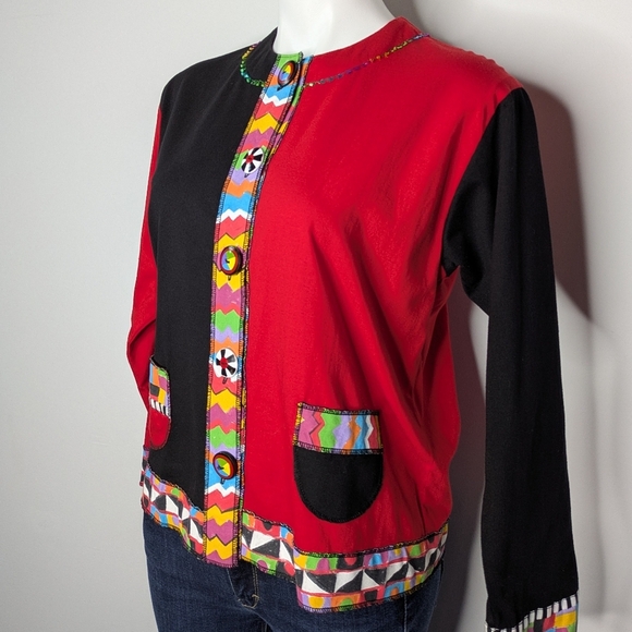 Vintage LRW Red Black Colorful Color Block Mixed Print Button Up Top M - Picture 2 of 7